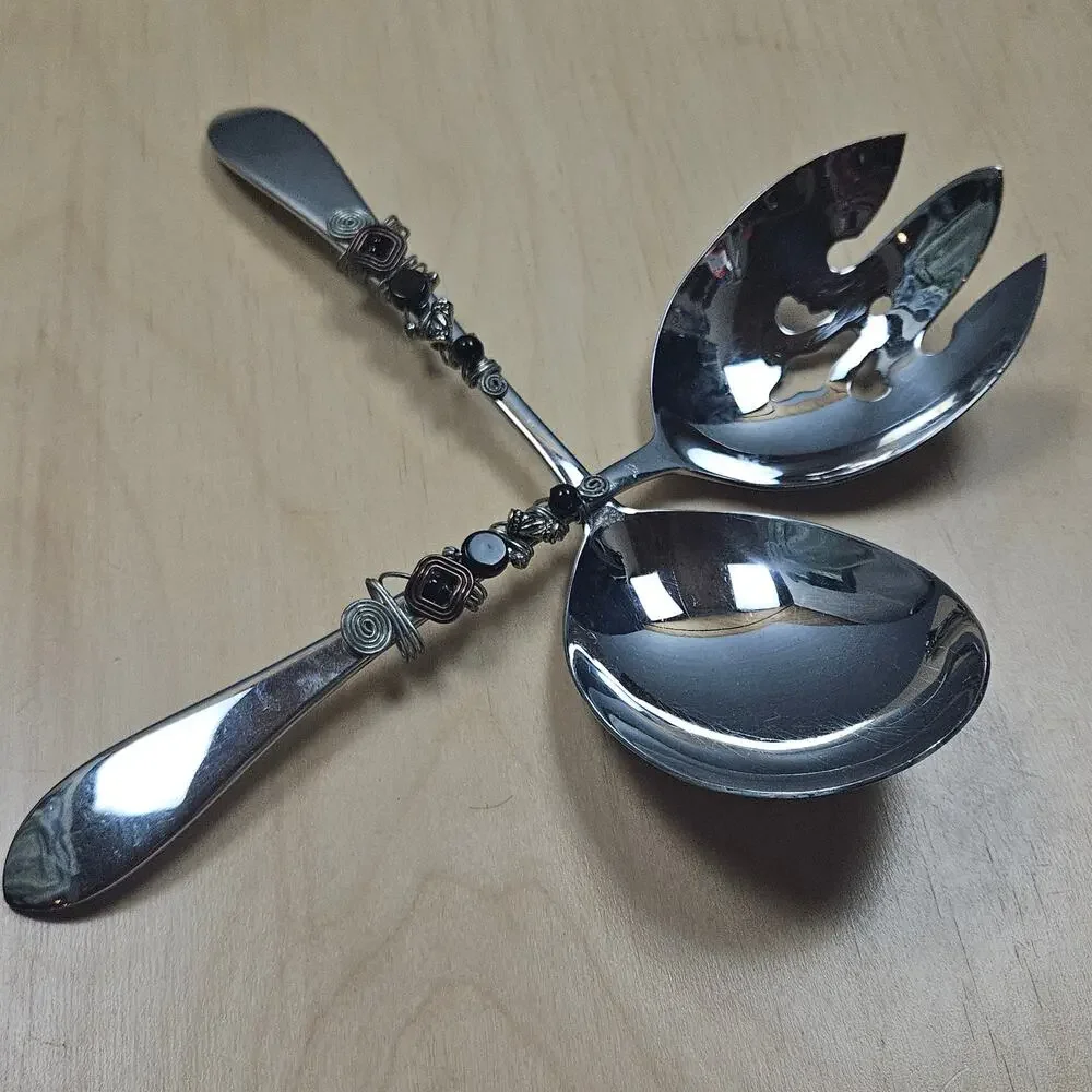 RARE Gorham 18/10 Stainless Wired beaded salad serving utensils Silver and Black